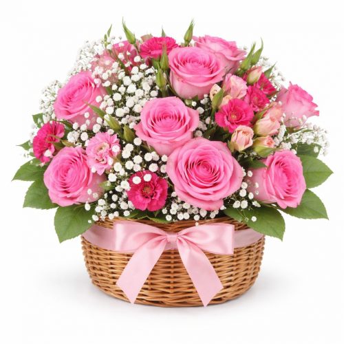 Цветочная композиция в корзине «Розовый восторг»