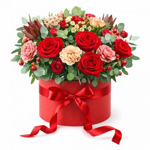Цветы в шляпной коробке «Алый Вальс»